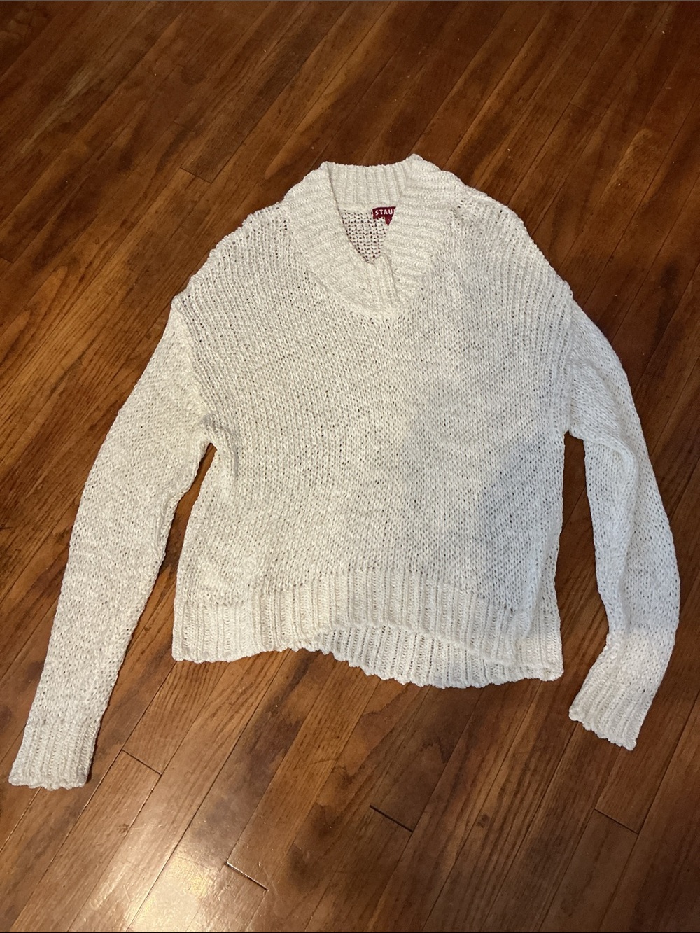 STAUD Cream Textured Knit Shawl-Collar Sweater